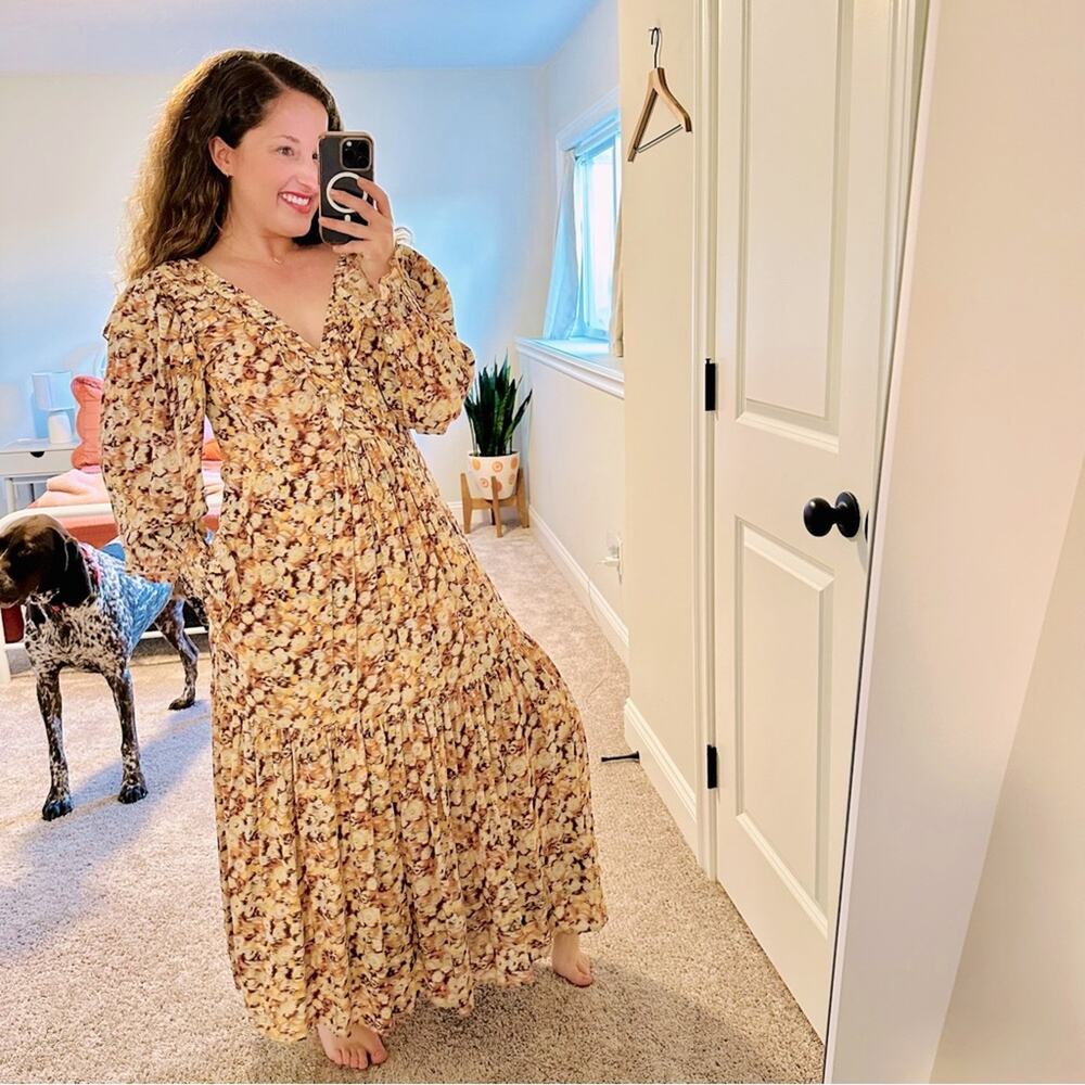 Sea New York Yellow Silk Watercolor Long Sleeve Maxi Dress Medium